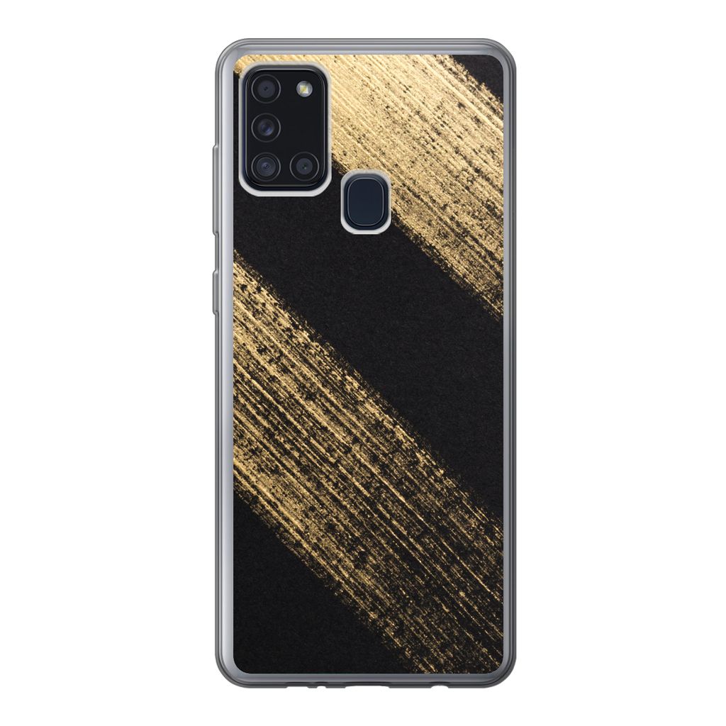 MuchoWow Handyhülle Schutzhülle Hülle für Samsung Galaxy A21s Goldene Farbstreifen auf schwarzem Hintergrund Silikon Softcase Handy Hülle - ...