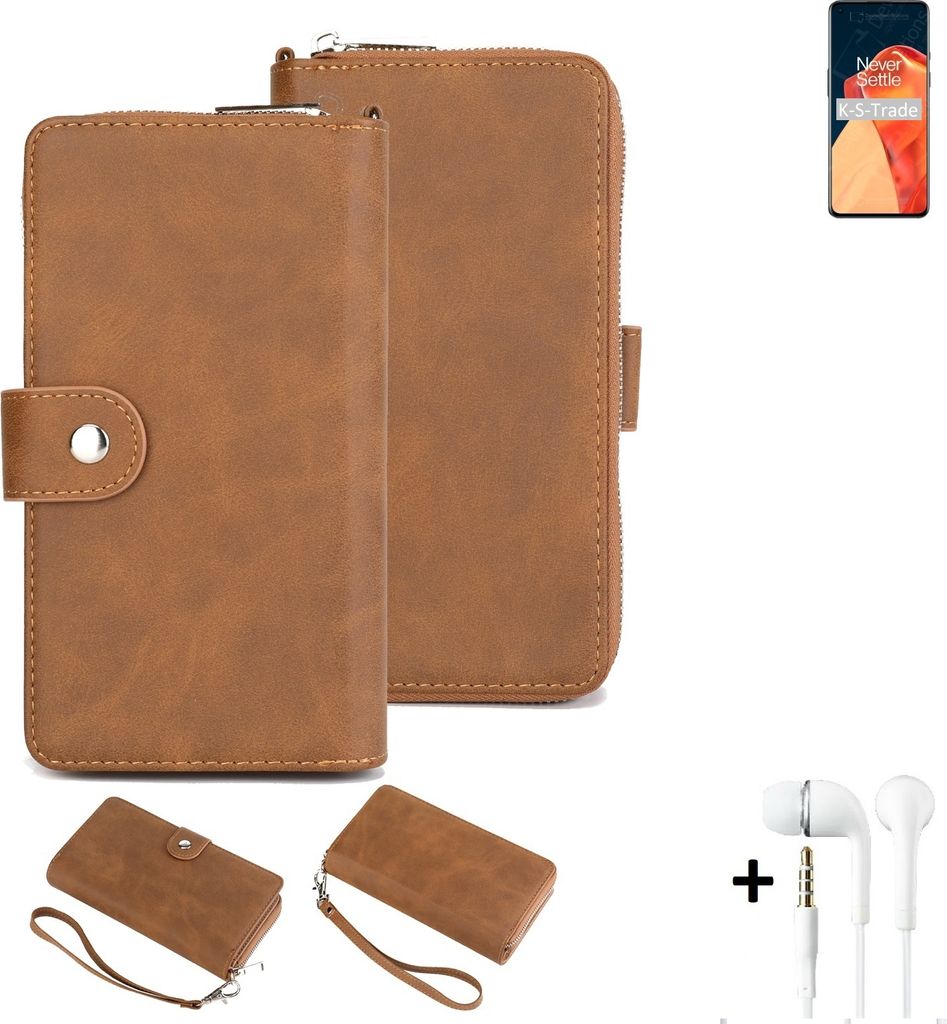 K-S-Trade Handy Schutz Hülle kompatibel mit OnePlus 9 + Kopfhörer Portemonnee Tasche Wallet-Case Bookstyle-Etui braun (1x)