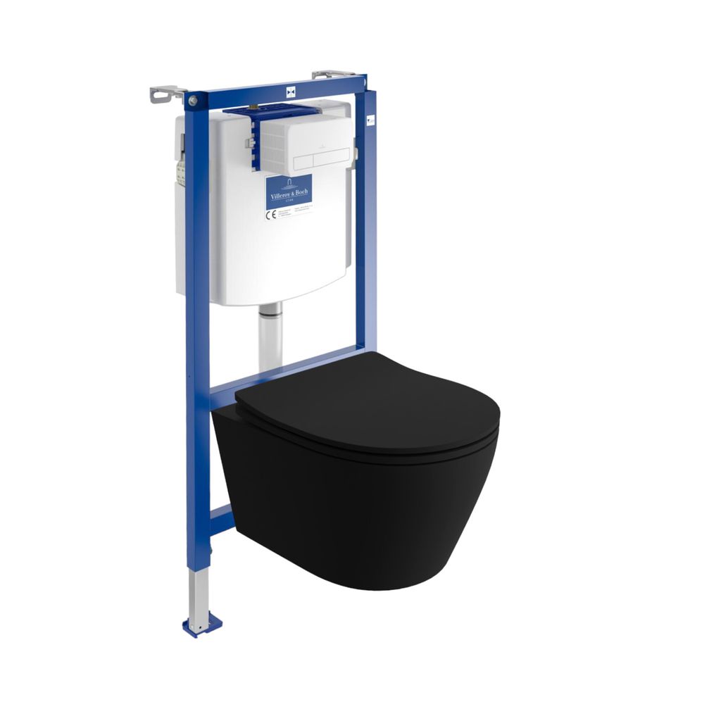 Villeroy&Boch ViConnect H112 Vorwandelement Unterputz WC mit Bedienplatte + Wand Hänge Tiefspül WC Praia Schwarz Spülrandlos | WC Komplettset |