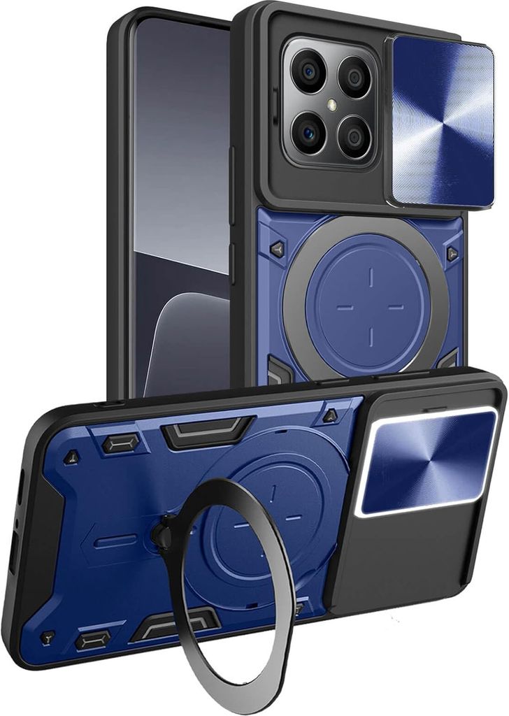 Handyhülle für Honor X8 5G /Honor X6 4G 5G Dual-Layer Stoßfest Rüstung Hülle mit Dia Kameraschutz und Kreisförmig Ring Ständer Blau