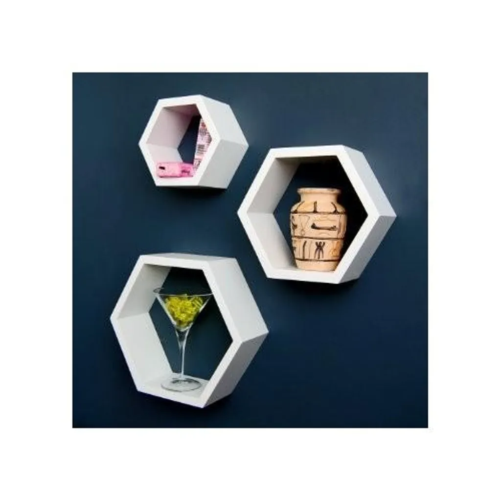 Lot de 3 étagères hexagonales en bois massif naturel pour déco murale