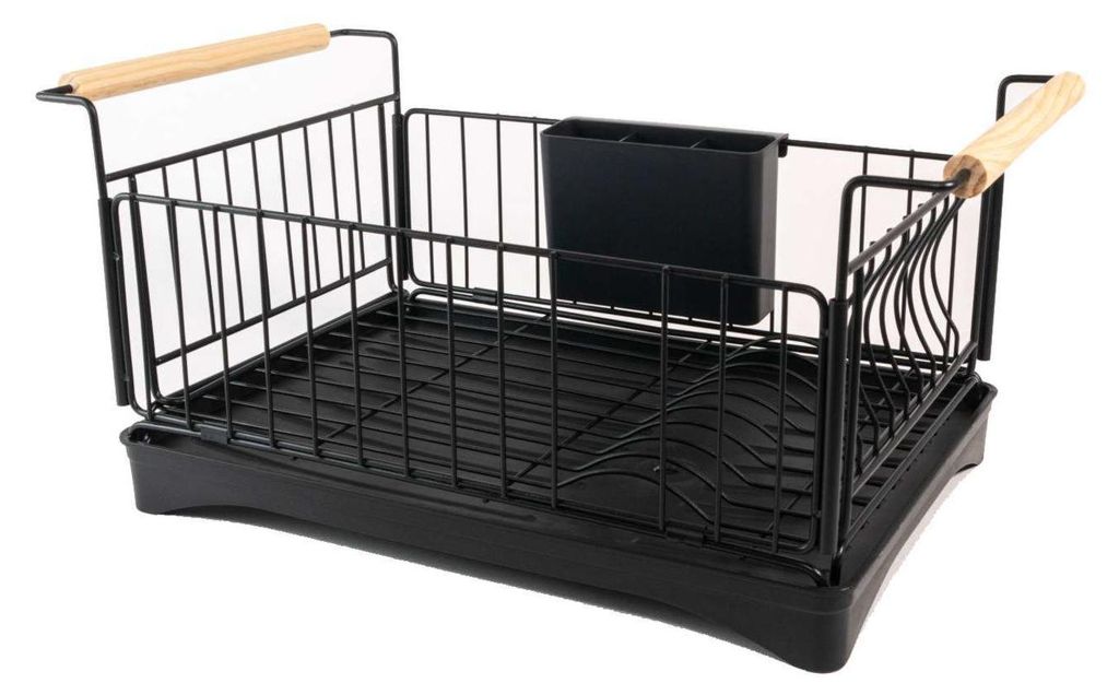 Intirilife Geschirr Abtropfgestell aus Edelstahl mit Abtropfschale in Schwarz - 50 x 29 x 23.5 cm - Geschirrkorb mit Holzgriffen, Besteckkasten, Wa...