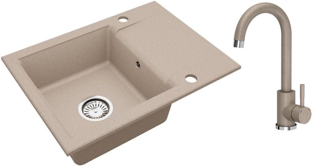 VBChome Granitspüle Beige 59 x 44 cm mit Armatur Einzelbecken Einbauspüle Reversibel Gesprenkelt Pflegeleichtes Spülbecken mit Siphon