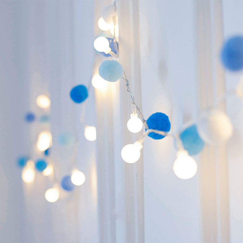 2m Pompons Lichterkette Warmweiß Kugel Lichterketten Batteriebetrieben für Innen Geburtstag Hochzeit Weihnachten Party Kinderzimmer Dekoration, Blau