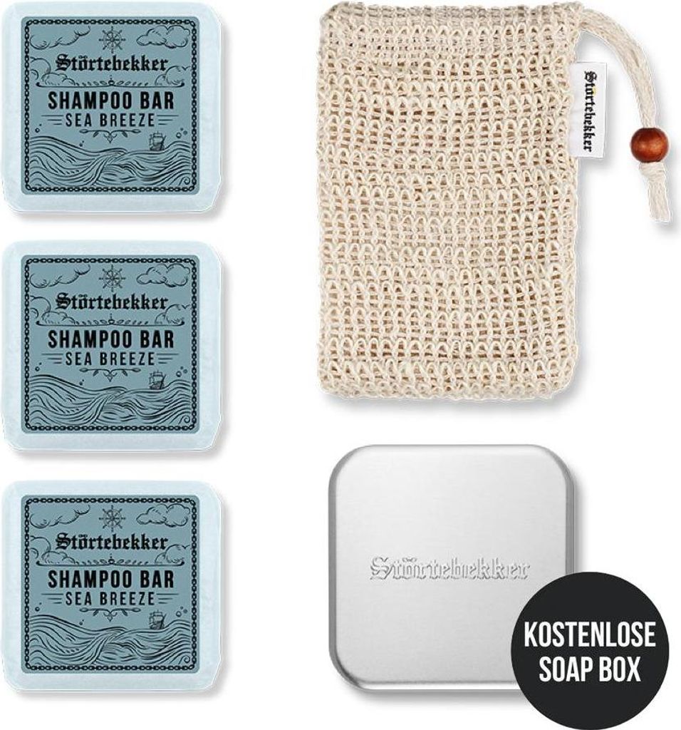 Störtebekker Duschset - 3 x festes Shampoo (Sea Breeze), Sisalsäckchen und GRATIS Seifendose - für die tägliche Pflege - Haar, Körper & Gesicht