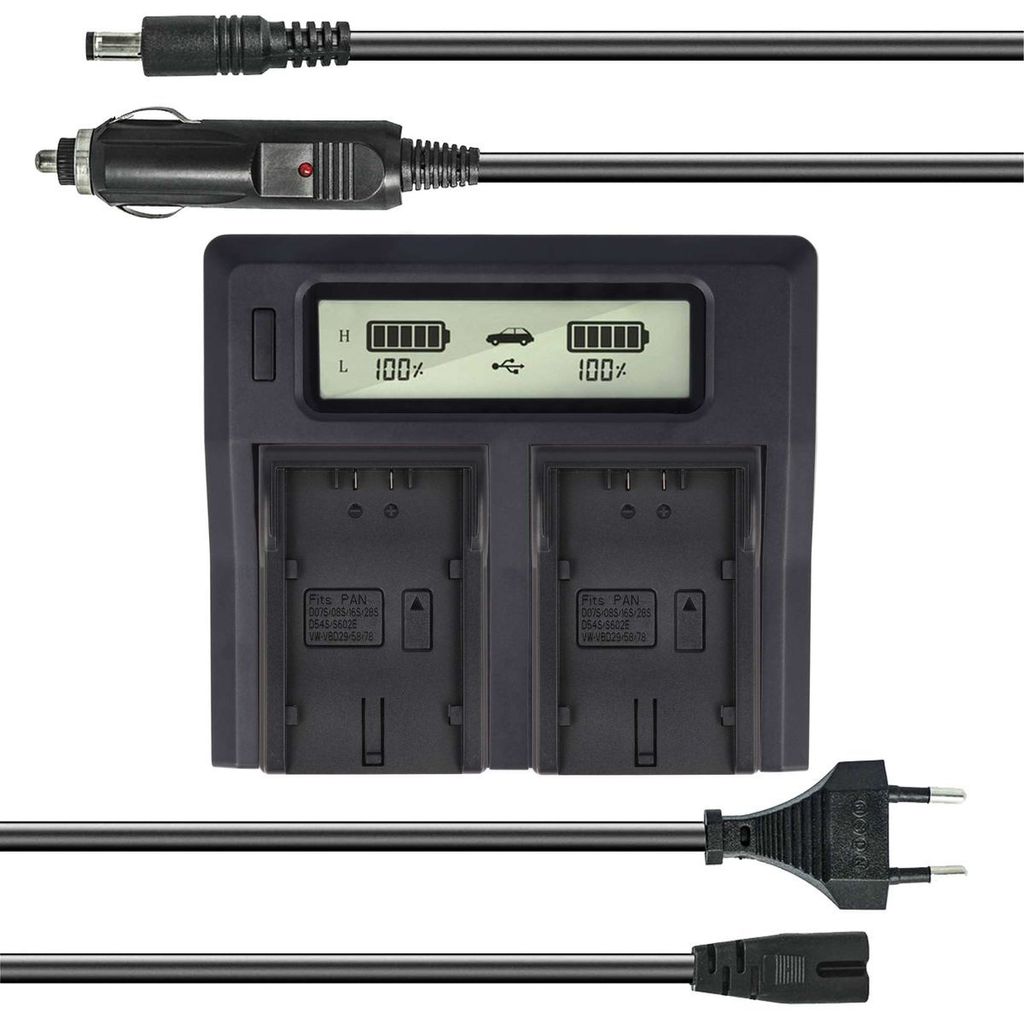 Dual Akku-Ladegerät kompatibel mit Panasonic CGA-D07S, CGR-D08s, CGP-D16S, CGP-D28S, CGA-D54S, VW-VBD29 - USB-Anschluss, LCD-Display, Kfz-Ladekabel