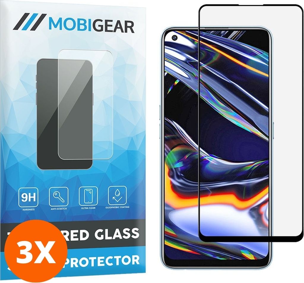 Mobigear Premium 9.98 Realme 7 Pro Panzerglas Gehärtetes Glas Displayschutz - Hüllenfreundlich - Schwarz (3er Pack)