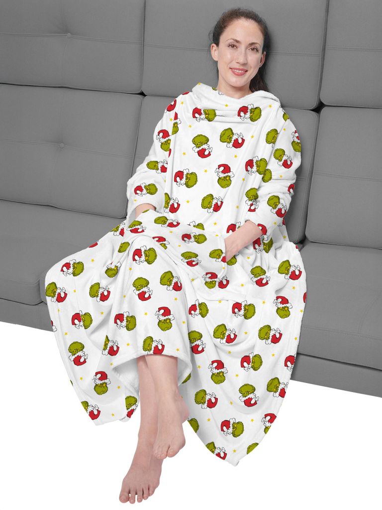The Grinch TV Decke mit Ärmeln und Taschen Allover-Print Flauschige Kuscheldecke mit großer Bauchtasche Ärmeldecke 130 x 170 cm Weiß