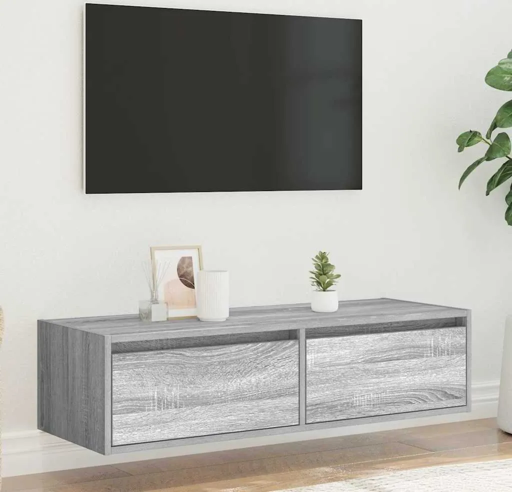 Mobile TV Salvaspazio 100x35,5x25 cm Grigio Sonoma - Luci LED Incluse - 4