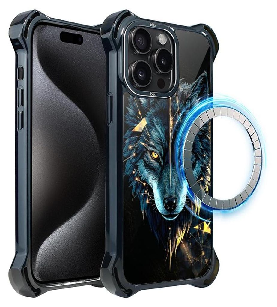 Schutzhülle für das iPhone 15 Pro, MagSafe-kompatibel, verstärkte Ecken, schwarz, Wolf, blau mit Gold