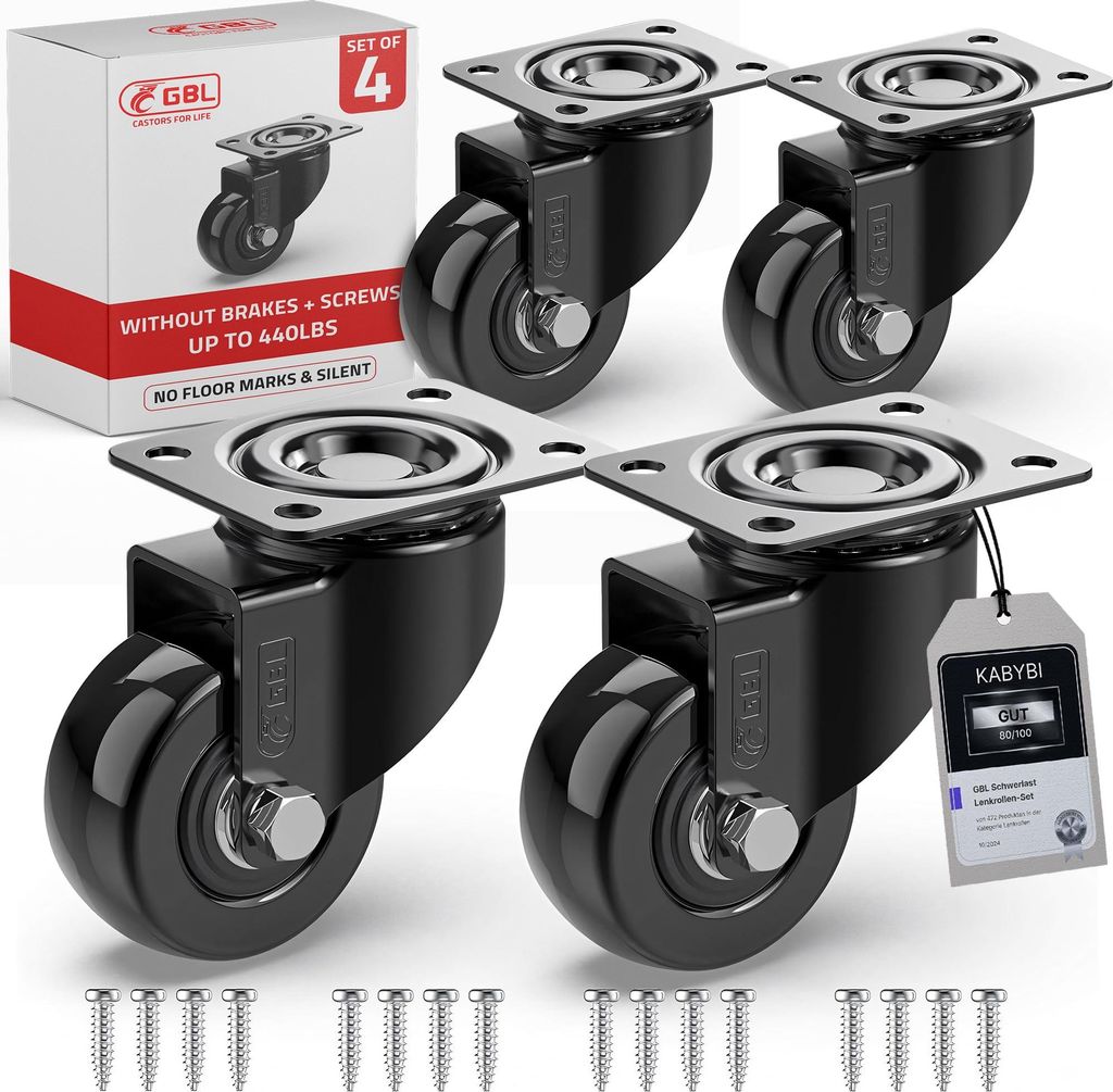 Möbelrollen Schwerlast + Schrauben - 50mm 200KG - 4 Lenkrollen ohne Möbel Bremse - keine Spuren & Leise - Schwerlastrollen Transportrollen Rollen...