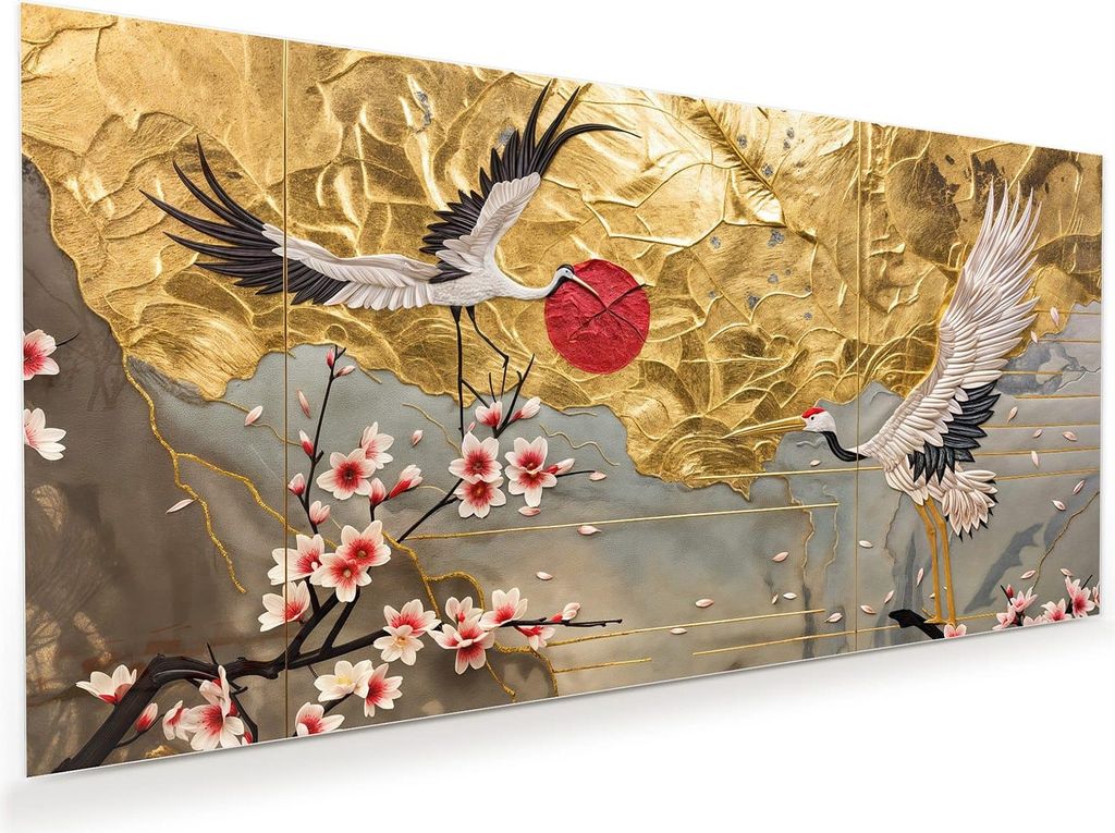 Glasbild 60x30cm in XXL für Wohnzimmer, Schlafzimmer Motiv Blüten und Kraniche