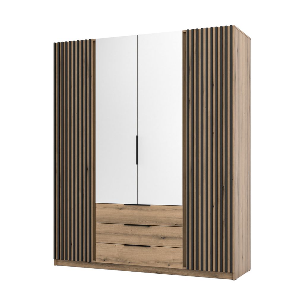 Geräumiger Kleiderschrank 200 VERU mit Spiegeln – schwarz / Eiche evoke / Eiche evoke
