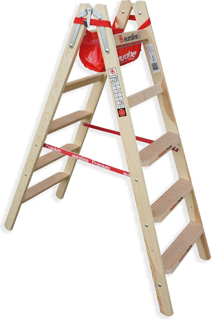 A wooden stepladder with a red tool bag attached.