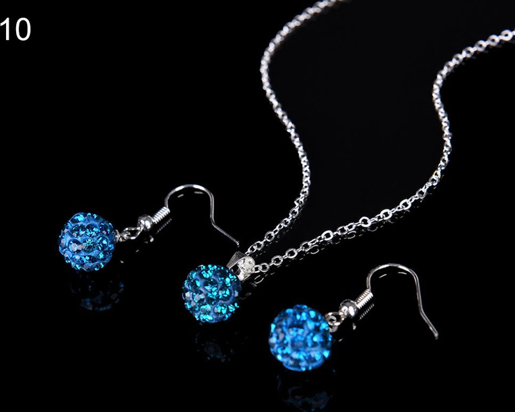 Lady Fashion Strass Anhänger Halskette Haken Ohrring Bankett Party Schmuck Set-Blau