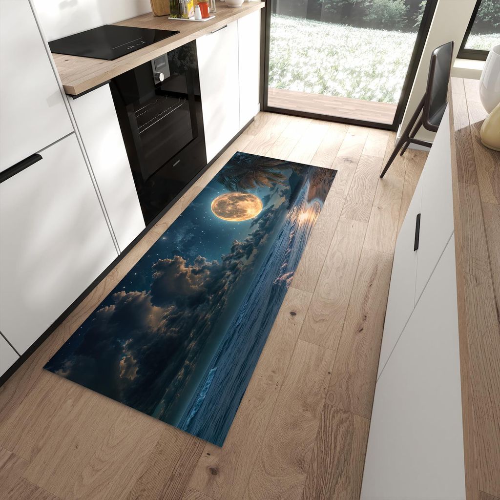 Küchenteppich 80x200cm rutschfest & abwischbar PVC Läufer - Mondnacht am Strand