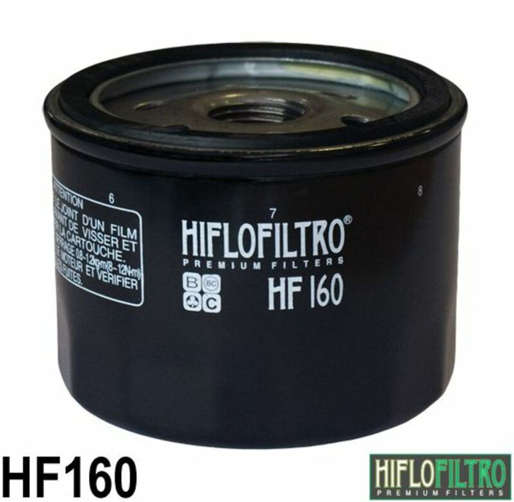 A black oil filter with white text and logos on a white background.