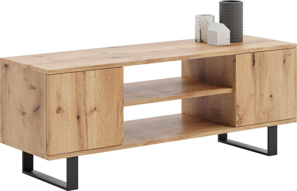 TV-Schrank FOCUS 155 | Modernes Design in Goldener Eiche Craft | Laminatplatte 18 mm mit ABS-Kanten | Metallbeine, Ciches Schließsystem | 155x50x4...