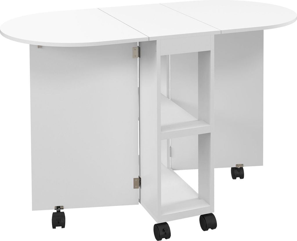 HOMCOM Klappbarer Esstisch, moderner Küchentisch mit klappbaren Seitenrädern und 2 offenen Ablagen, Tragkraft 80 kg, 120 x 60 x 77 cm, Weiß