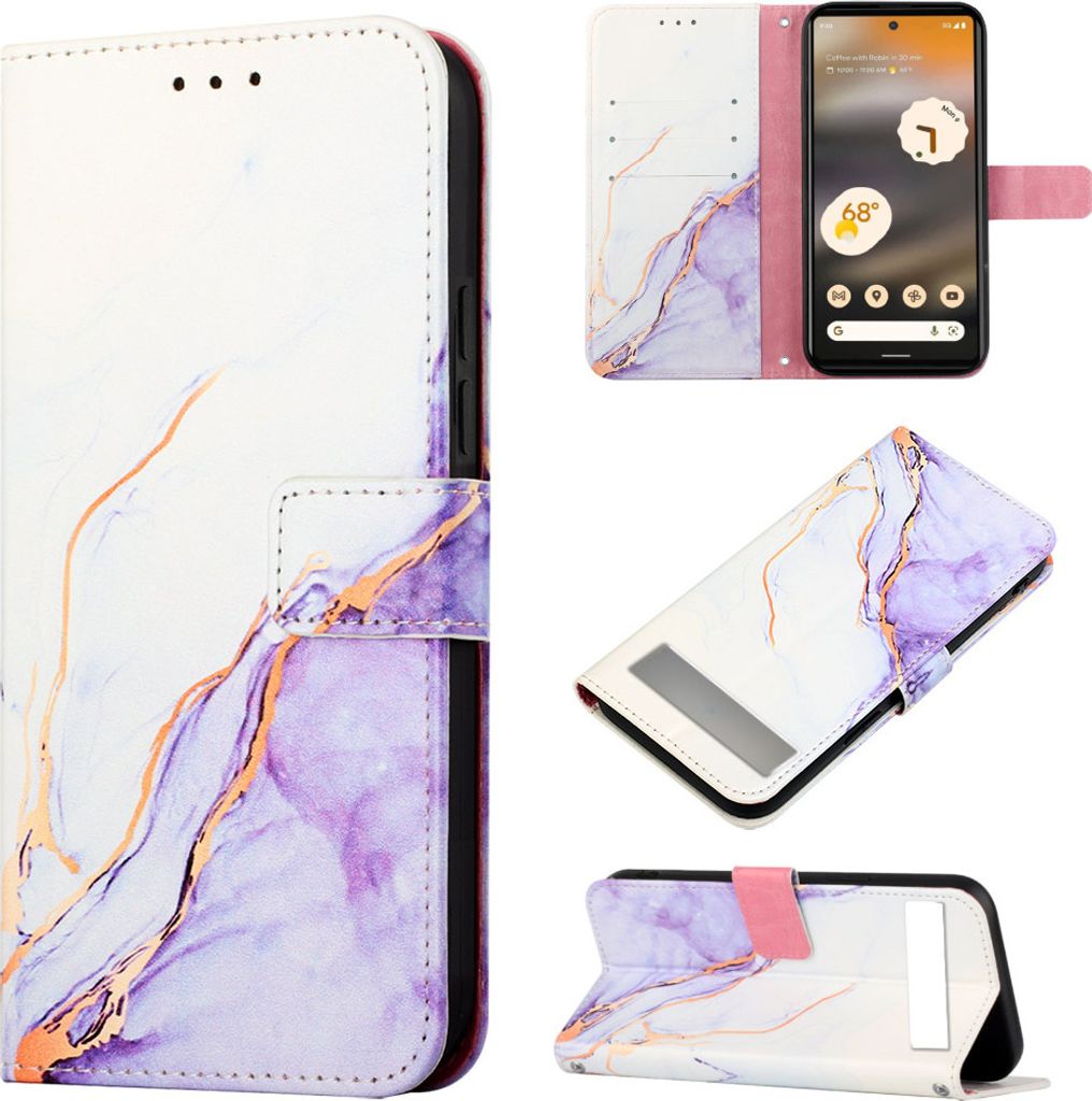 Google Pixel 7A Hülle, Marmor Motiv Kunstleder Tasche Wallet Kartenfächer mit Standfunktion Klapp Schutzhülle für Google Pixel 7A Lila