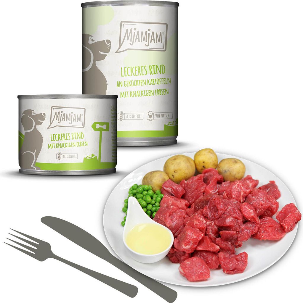 MjAMjAM 6x400g Rind an Kartoffeln & Erbsen Nassfutter für Hunde Hauptfutter natur