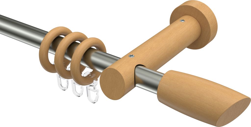 Interdeco Gardinenstange / Vorhangstange Edelstahl / Buche lackiert, Typ Talena Etta (Ellipse Schräge), 20 mm Ø 1-läufig, 240 cm