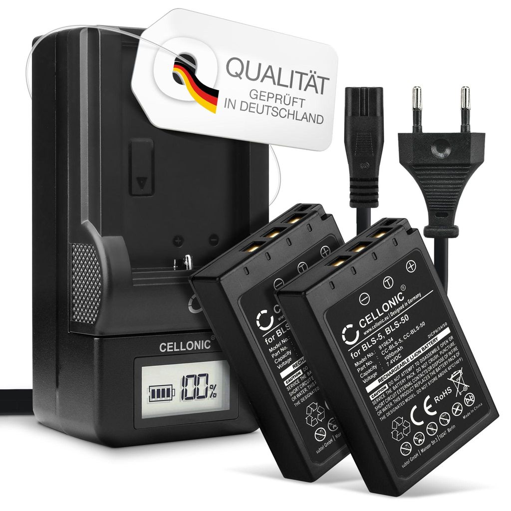 CELLONIC 2x Akku für Kamera Kompatibel mit Olympus Pen E-PL8, Pen E-PL7, OM-D E-M10 Mark II, BLS-50 - (1000mAh, 7.4V) + Ladegerät