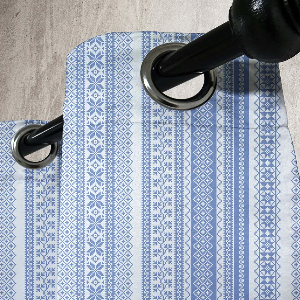 Rideau géométrique vertical brodé Bleu 280x175 cm à œillets