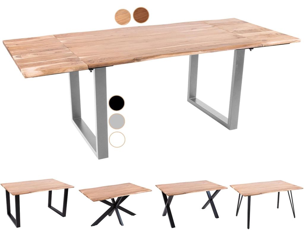 Baumkantentisch 180 (280) x 90 cm Avino, Akazienholz naturfarben & massiv, Esszimmertisch mit 2 Ansteckplatten, Silbernes U-Metallgestell, Esstisch...