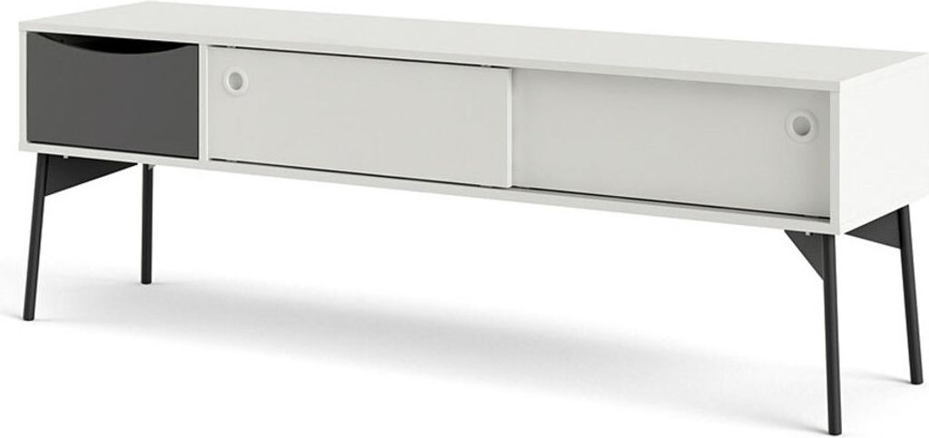 Elly TV Tisch 2 Schiebetüren, 1 Schublade mattweiß, grau.