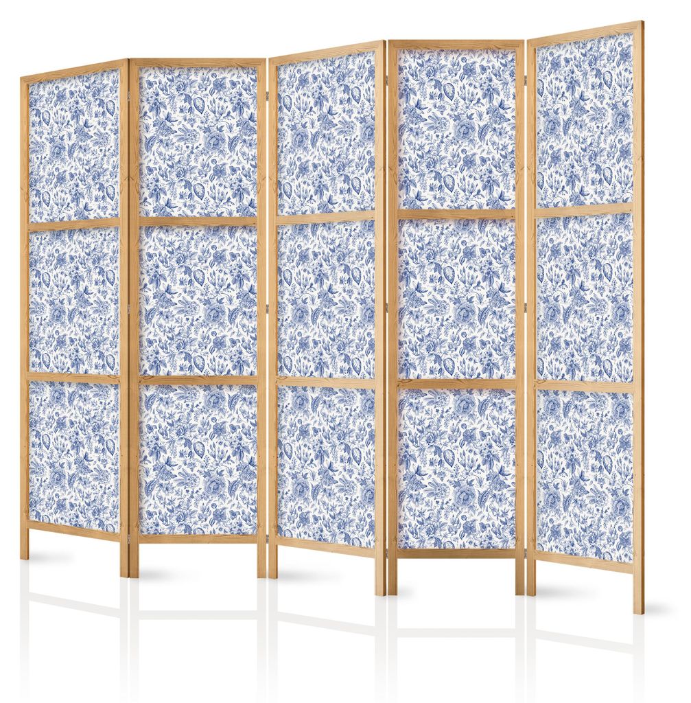 Muralo Japanischer PARAVENT 5-teilig Raumteiler klappbar PREMIUM-Vliesleinwand BLAUE BLUMEN für Schlafzimmer 225cmx172cm