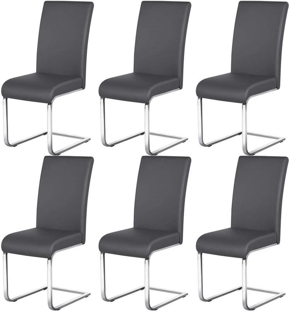 Six dark gray dining chairs with silver metal frames are arranged in two rows of three against a white background.