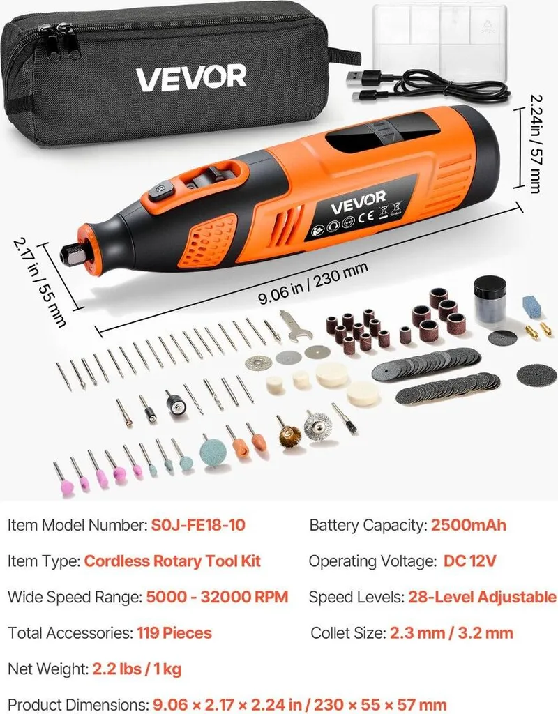 Kit utensili rotanti senza fili da 119 pezzi, mini utensile rotante portatile DC12V, 28 livelli di velocità 5000-32000 giri/min, utensili multiuso fai da te per incisione, levigatura, lucidatura, intaglio, taglio, lavori artigianali fai da te - 7