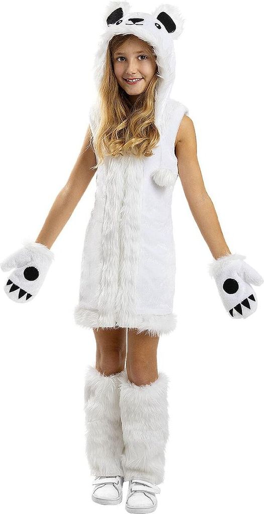 A young girl wearing a polar bear costume.
