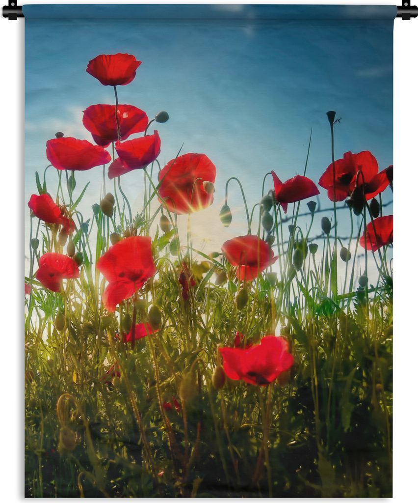 MuchoWow Wandteppich Wandbehang Mohnblumen - Toskana - Sonne - Rot - Blau 150x200 cm Tapisserie Dekoration Wandtuch - Wandaufhängung - Moderner