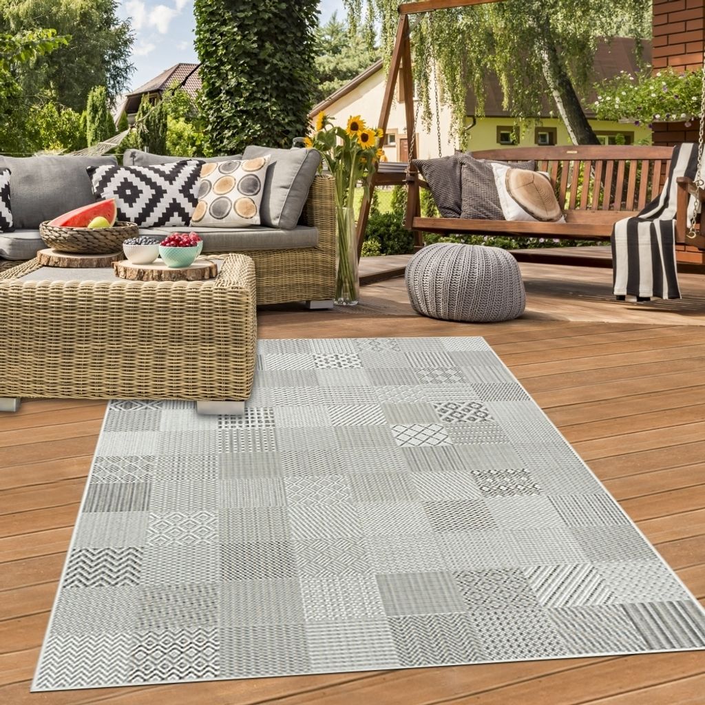 Outdoorteppich Terrasse Wohnzimmer pflegeleicht wetterfest Fliesen Muster in grau Größe - 200 x 290 cm
