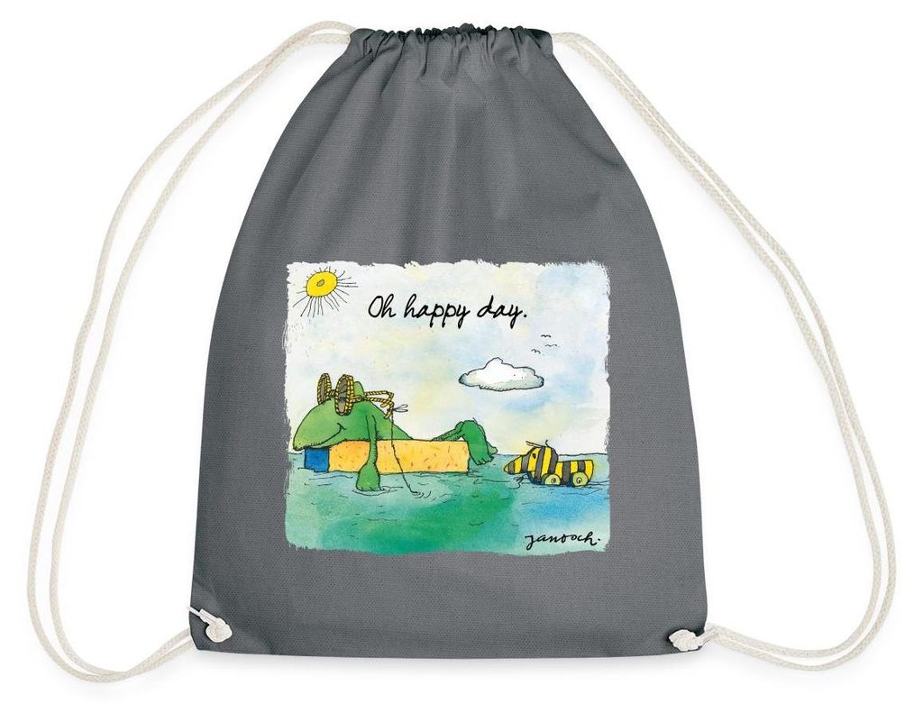 Spreadshirt Janosch Günter Tigerente Oh Happy Day Am See Turnbeutel, One size, Grau