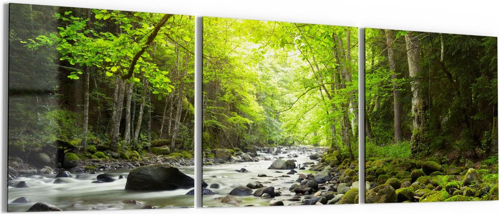 DEQORI Glasbilder Acryl 3x50x50 cm 'Steiniges Flussbett' Wandbilder XXL groß