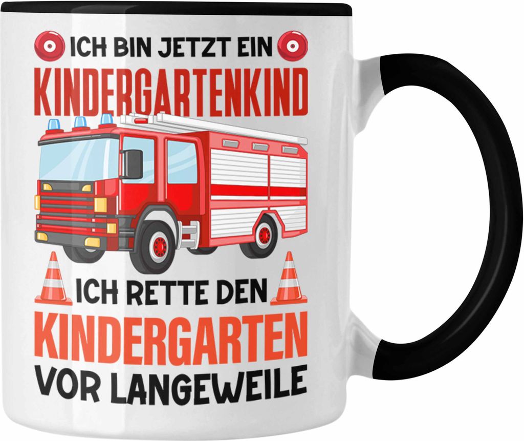 Trendation - Kindergartenkind Tasse Geschenk für Ich Bin Jetzt Kindergartenkind Geschenkidee Spruch Jungs Feuerwehr (Schwarz)