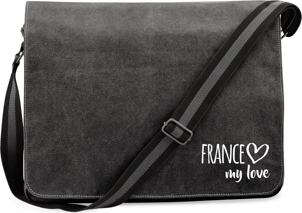 Huuraa Umhängetasche France my love 14 Liter Black Canvas Laptoptasche Geschenkidee