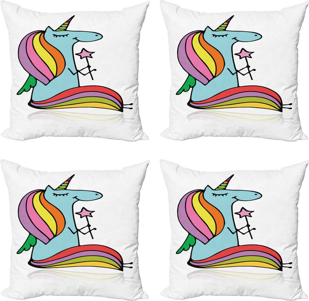 ABAKUHAUS Einhorn Kissenbezug Set (4 Stück), Doodle mythisches Tier, Moderner Doppelseitiger Digitaldruck, 40 cm x 40 cm, Mehrfarbig