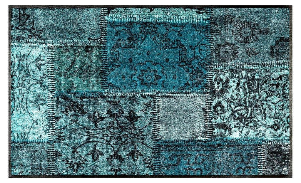 Fußmatte Vintage Patches türkis 75x120 cm, für Innen und Außen, waschbar