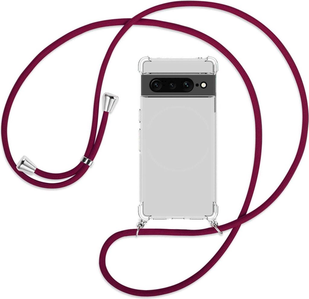 Handykette Backcover-Schutzhülle mit Band (Metall silberfarben) für Google Pixel 7 Pro - dunkelrot