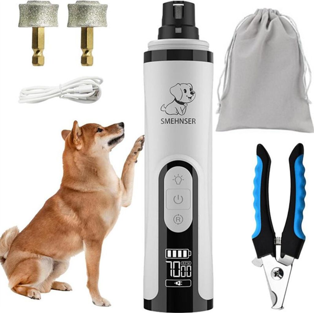 Krallenschleifer für Hunde - Mit 2 Schleifköpfe + Nagelknipser, Pfotentrimmer mit Led Licht und 3 Geschwindigkeiten, Hunde Nagelfeile Elektrisch