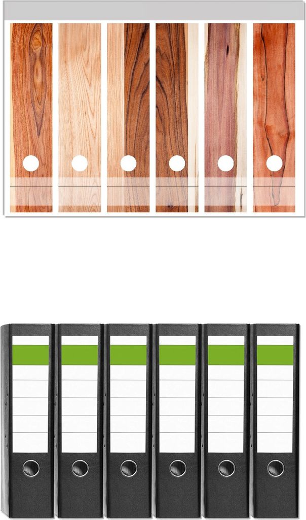 Wallario 6 Stück breite Ordner inkl. Klebeetiketten mit Motive Holzmuster - Oberfläche mit Holzmaserung VIII - Set mit Rückenschildern / Ordner...