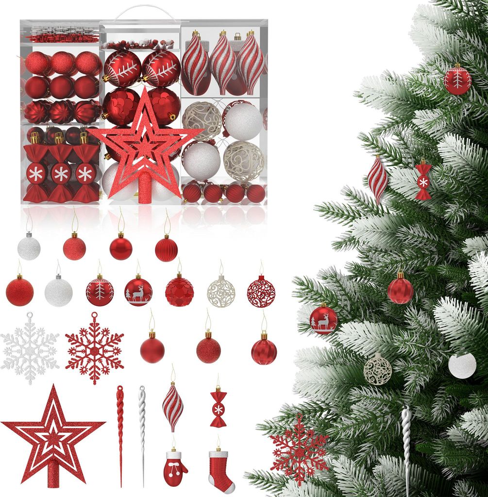 A collection of red and white Christmas ornaments displayed in a clear plastic box and on a frosted Christmas tree.