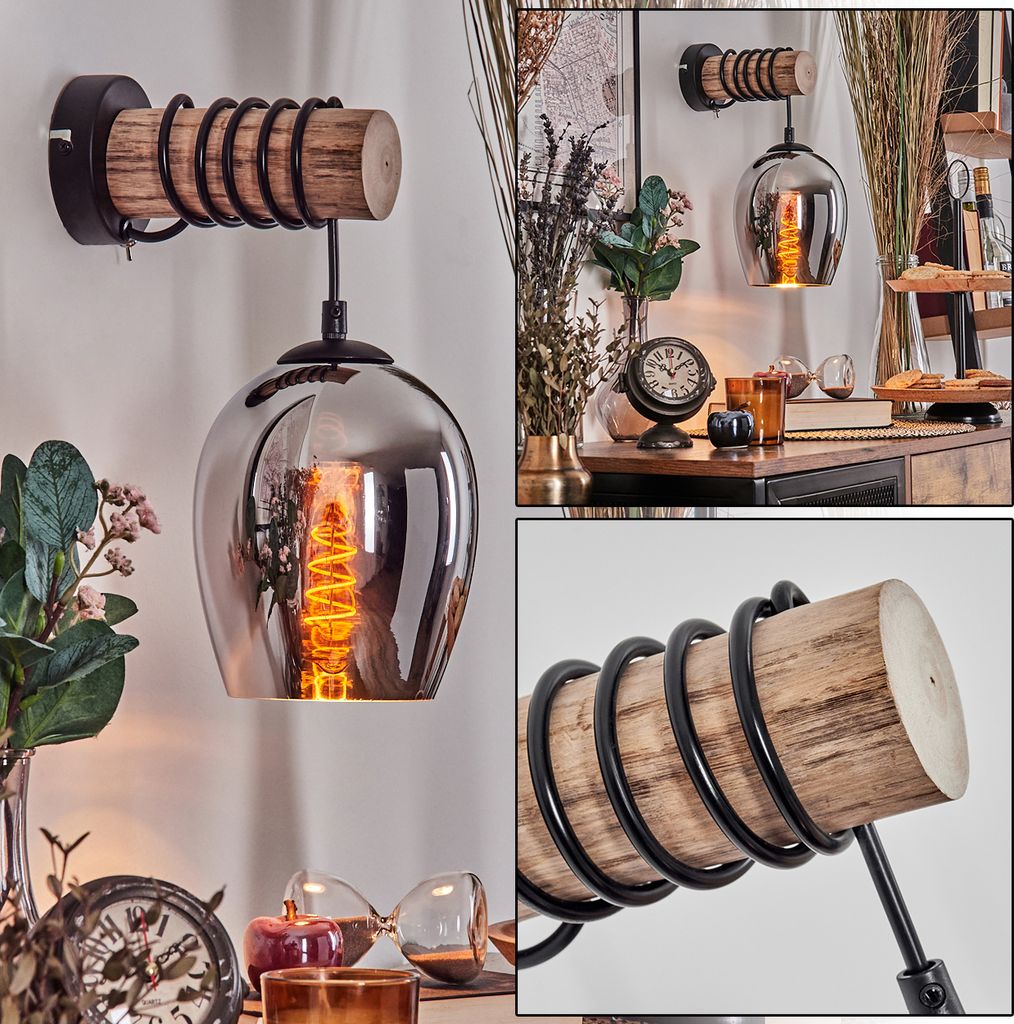 Usigliano Wandlampe aus Holz/Metall/Glas in Natur/Schwarz/Chrom/Rauch