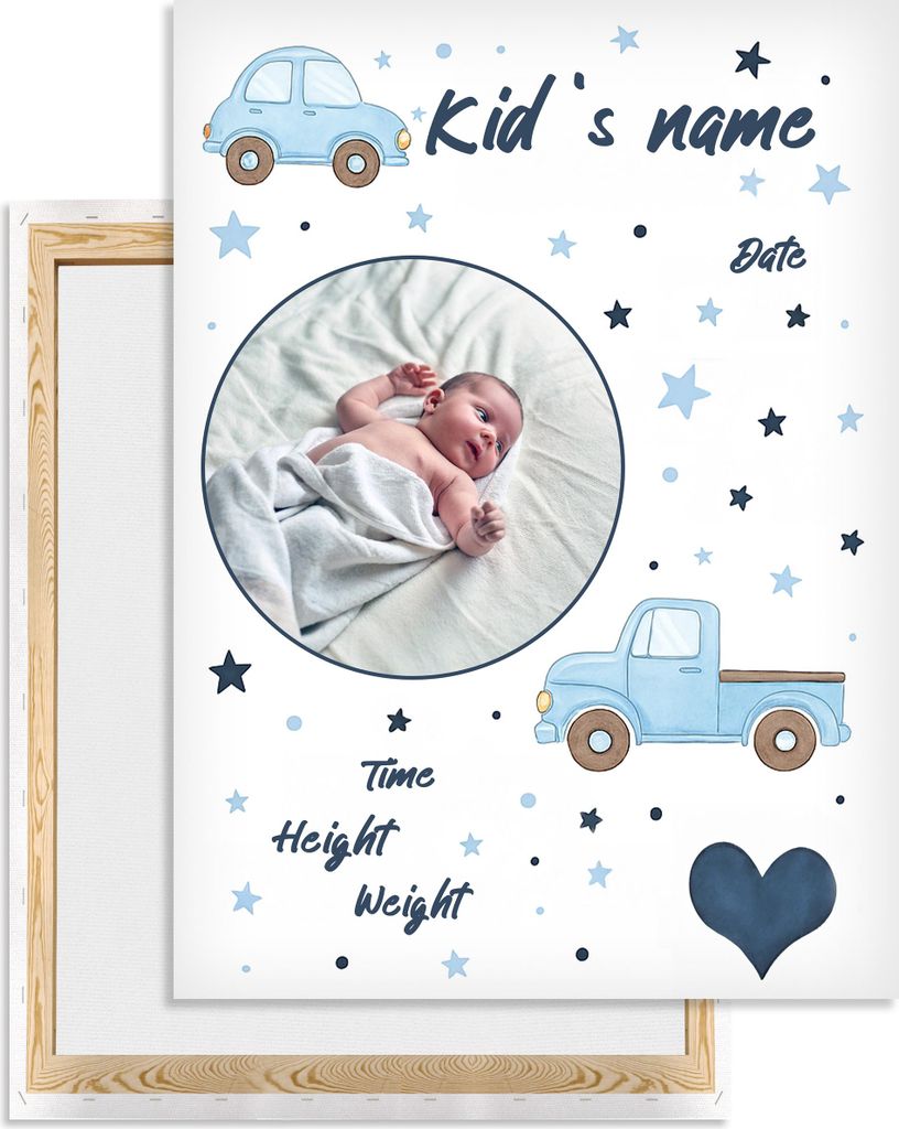 Geburtsbild Leinwand 40x60 cm mit Foto & Daten, Motiv Auto, Geschenk Junge, Wanddeko Babyzimmer