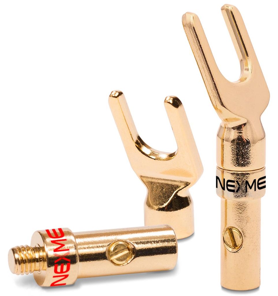 2x NEXMEX High End Kabelschuhe Hifi 24k vergoldet Gabelschuhe für Kabel bis 6mm²