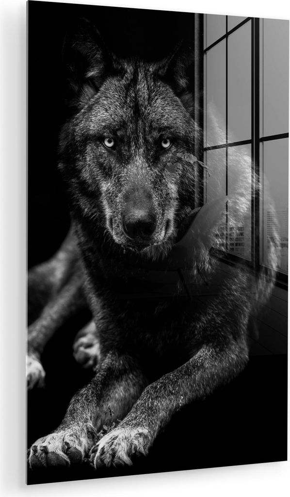 MuchoWow Glasbilder - Bilder auf Wandbild - Foto auf Glas Tiere - Wolf - Schwarz - Weiß - Porträt 80x120 cm Wanddekoration aus Glas - Acrylglasbi...